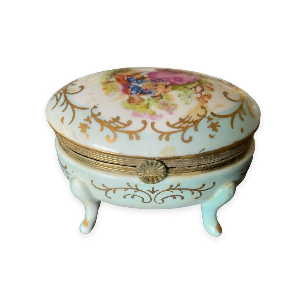 Vintage Ardco Porcelain 4-Footed Oval Blue Trinket Box Courting Couple Gold
